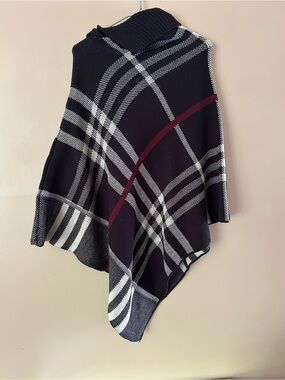 Black Plaid Knit Poncho with Burgundy Stripe